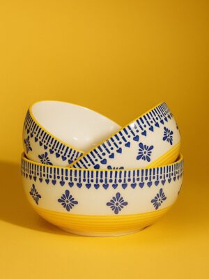 Microwave & Dishwasher Safe Ceramic Bowl Set of 3 (350ml) in Blue & Yellow