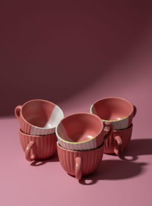 Studio Pottery Ceramic Coffee Small Mugs Cups Set of 6 (Pink & White Tiranga, 150 ml Each, Microwave & Dishwasher Safe)