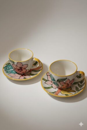 Poppy Petals Handpainted Cup & Saucer - Set Of 2